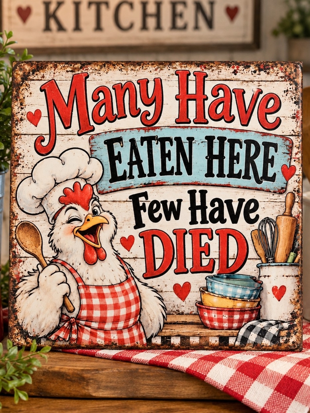 Hand Crafted Red & Cream Rooster Kitchen Plaque